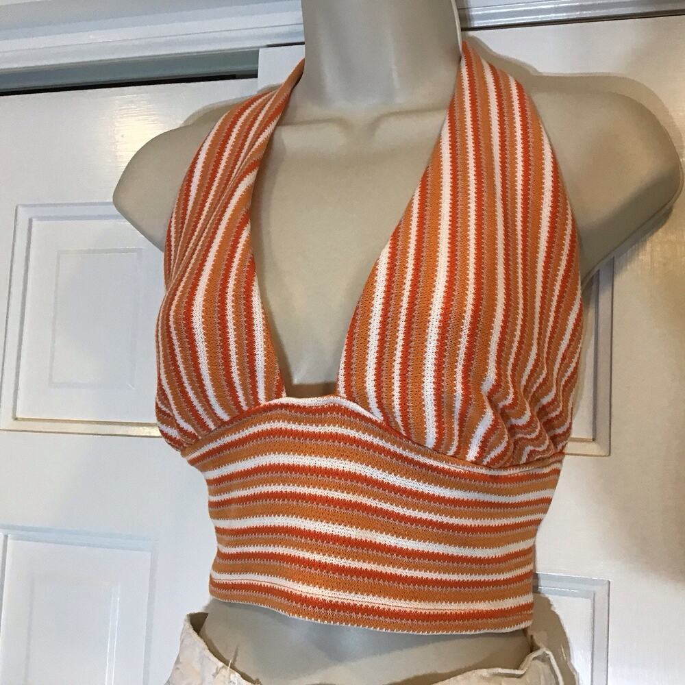 H&M Divided Orange White Stripe Y2K Halter Top Sz L Retro Hippie Indie Festival